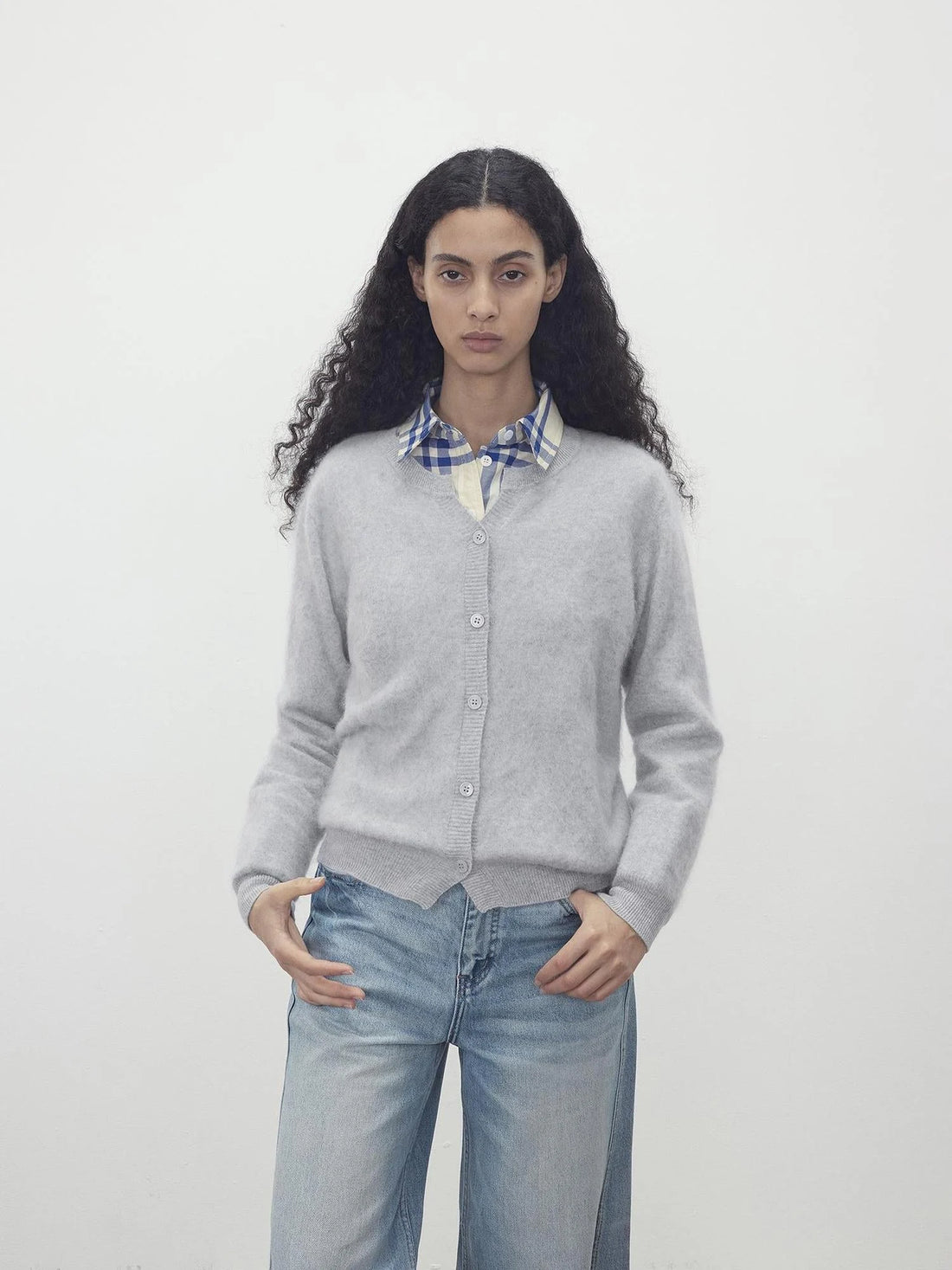 Classic Blue And White Check Oversized Collar Shirt