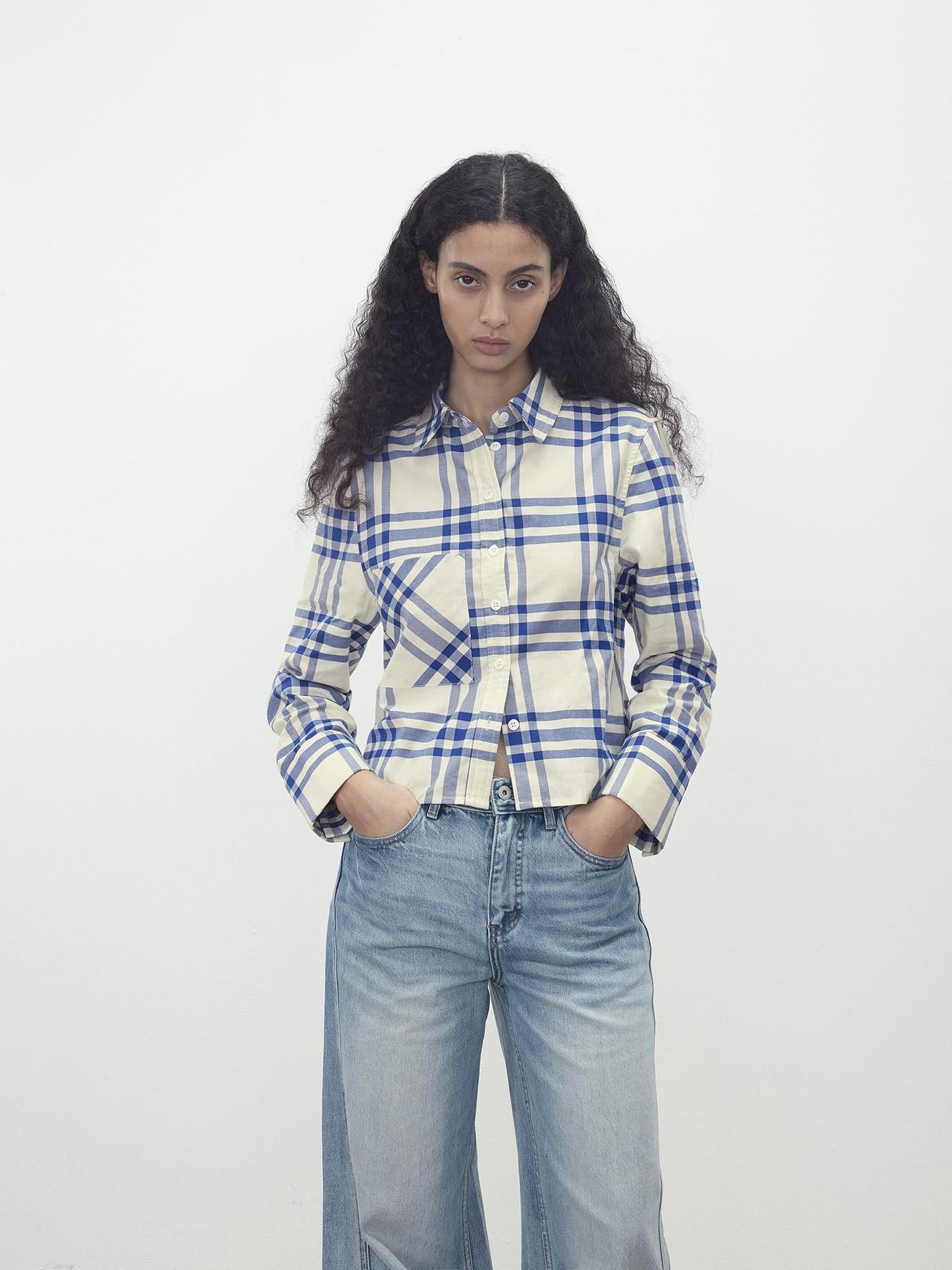 AFTADAWN Classic Blue And White Check Oversized Collar Shirt