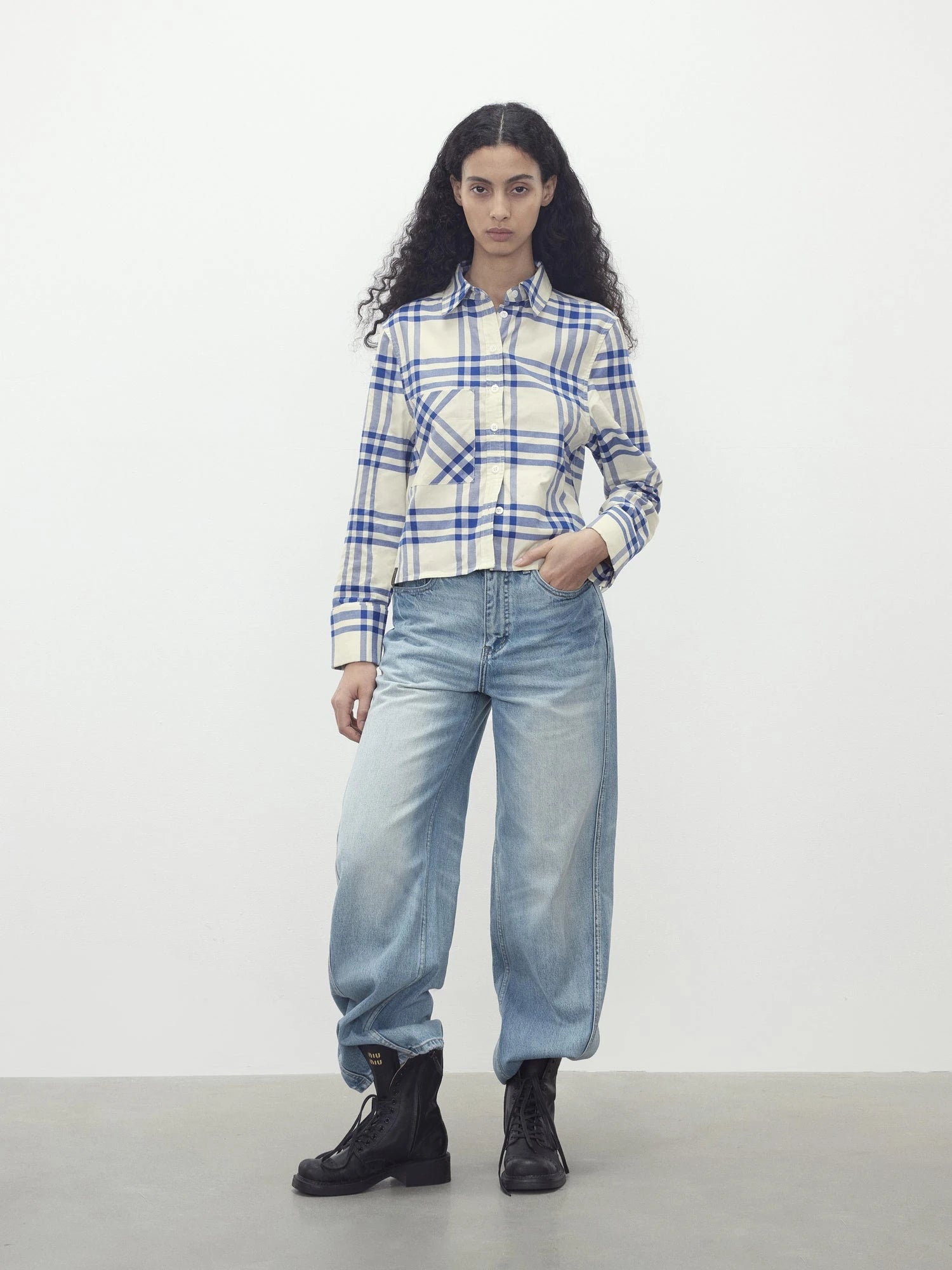 Classic Blue And White Check Oversized Collar Shirt