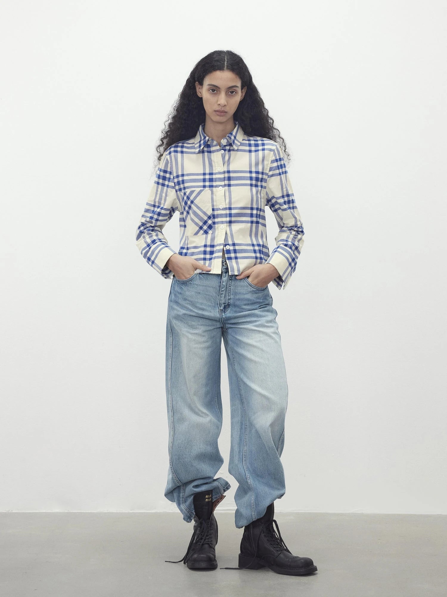 Classic Blue And White Check Oversized Collar Shirt