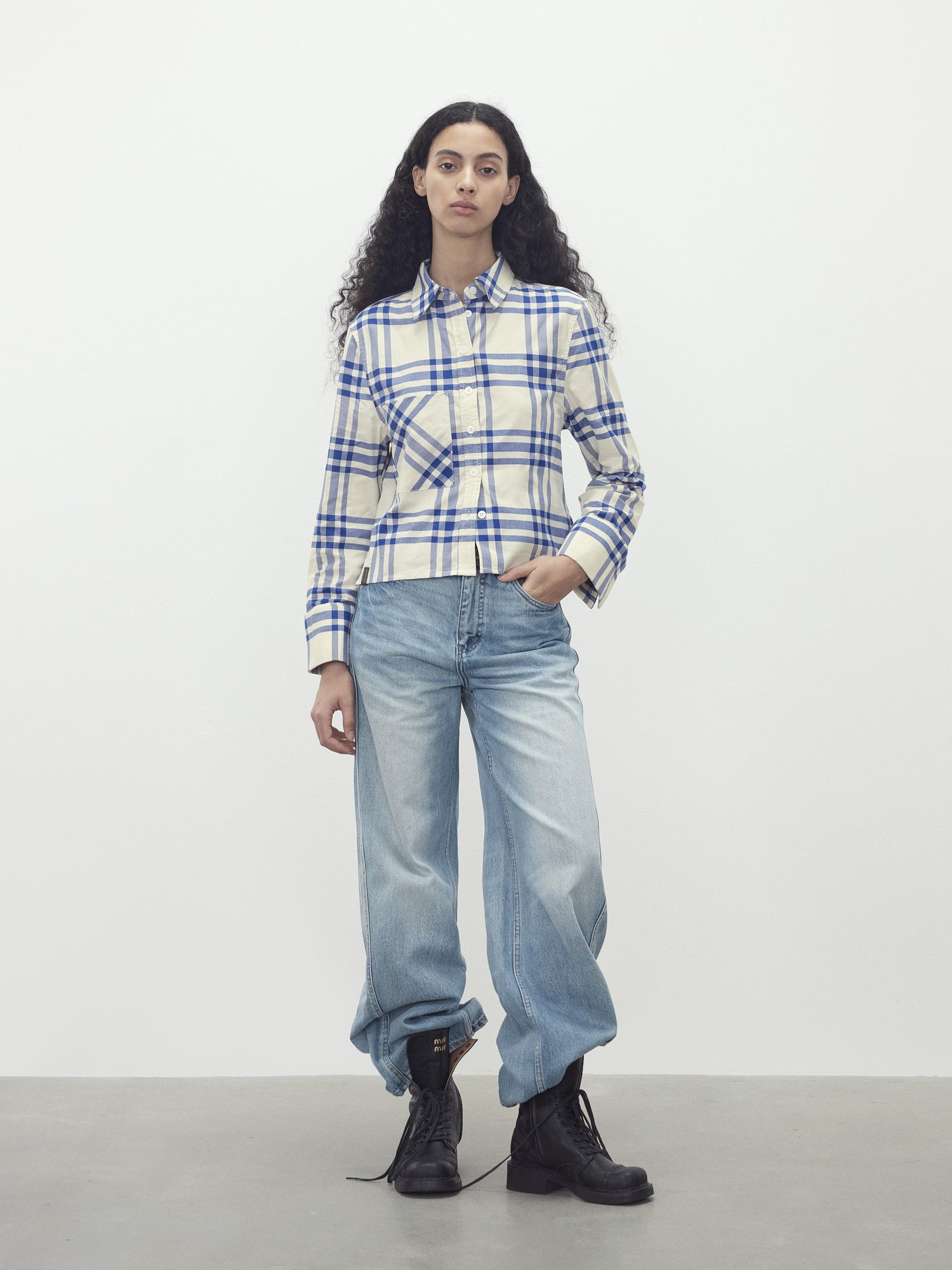 AFTADAWN Classic Blue And White Check Oversized Collar Shirt