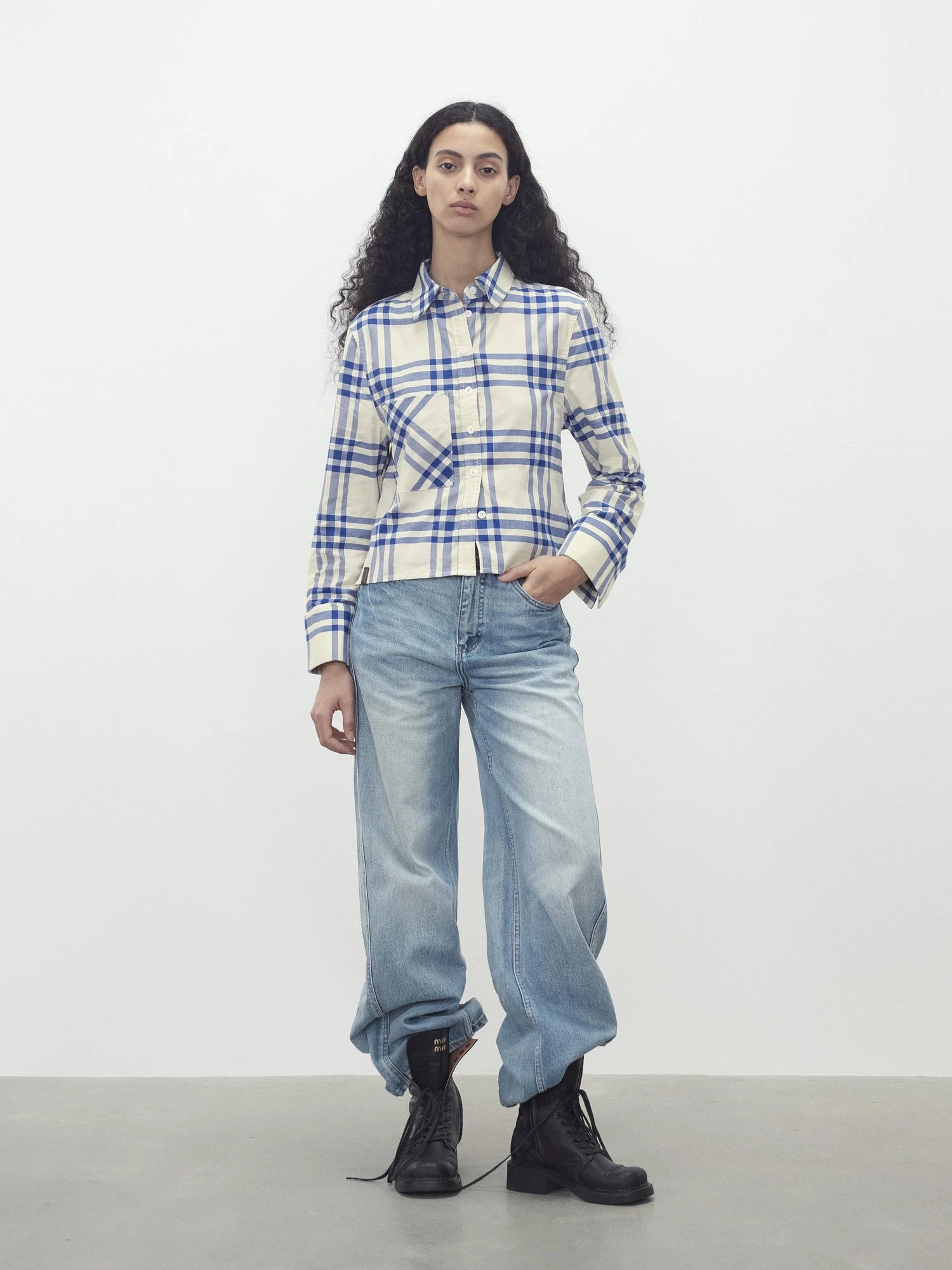 Classic Blue And White Check Oversized Collar Shirt