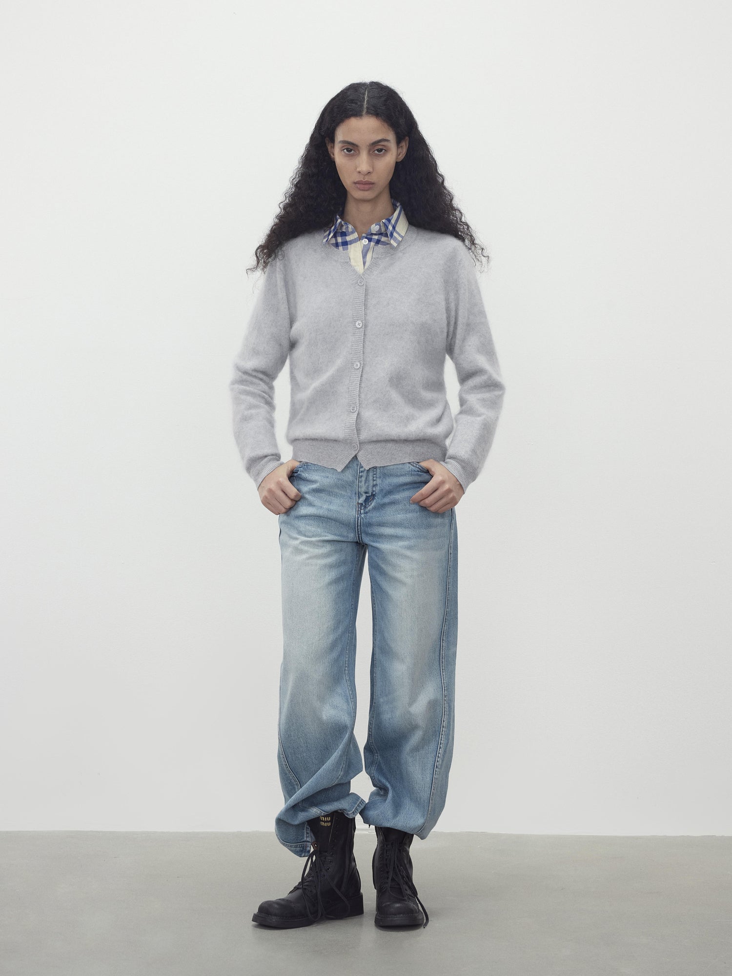 AFTADAWN Classic Blue And White Check Oversized Collar Shirt