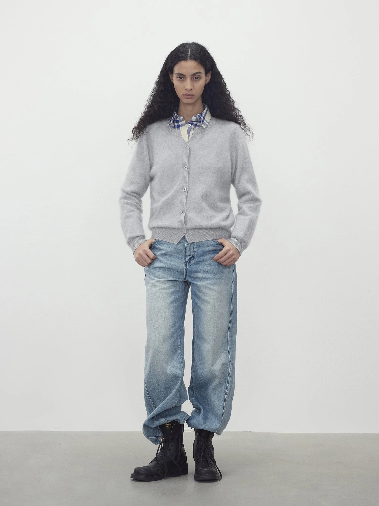 Classic Blue And White Check Oversized Collar Shirt