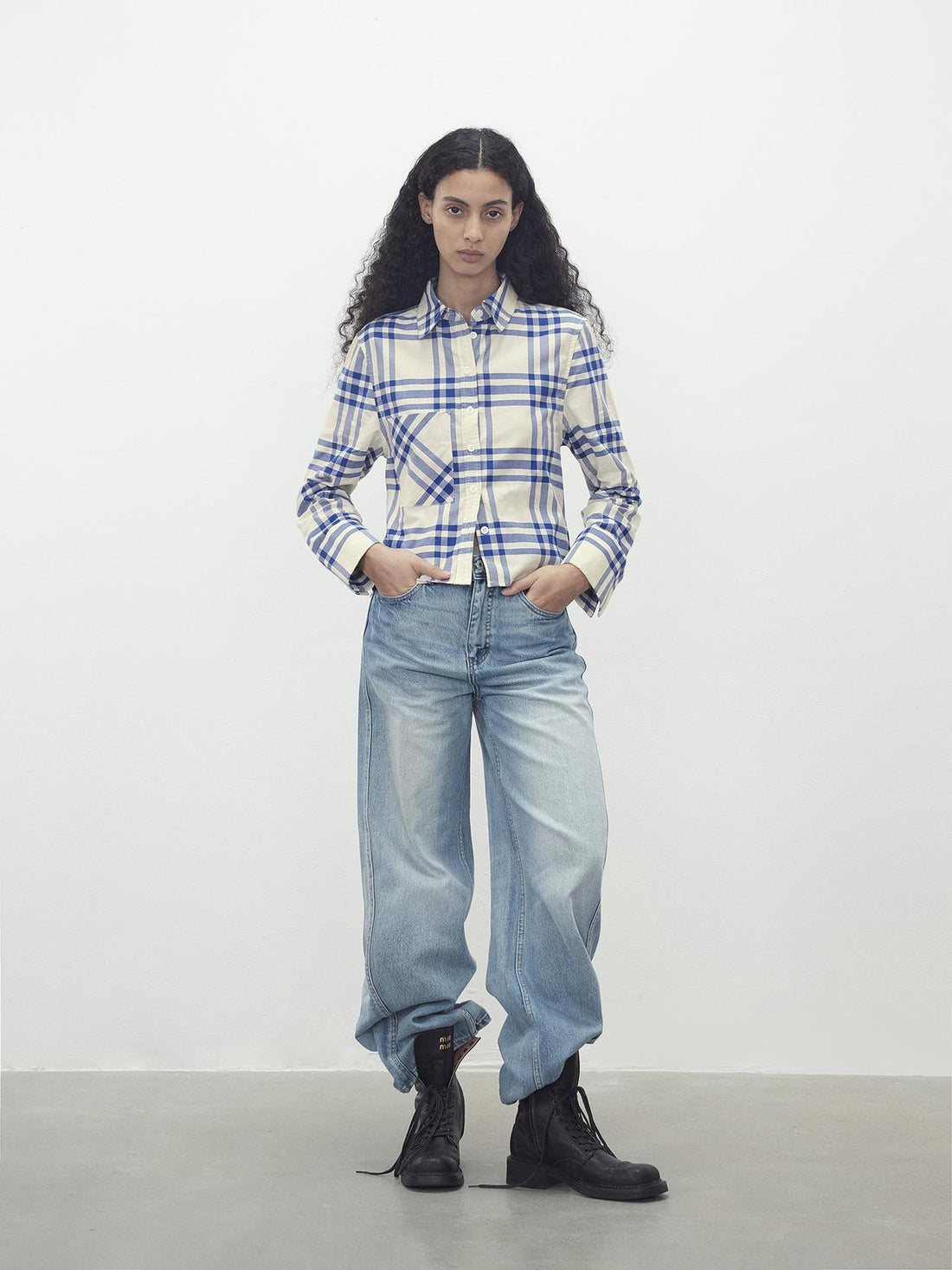AFTADAWN Classic Blue And White Check Oversized Long Sleeve Shirt