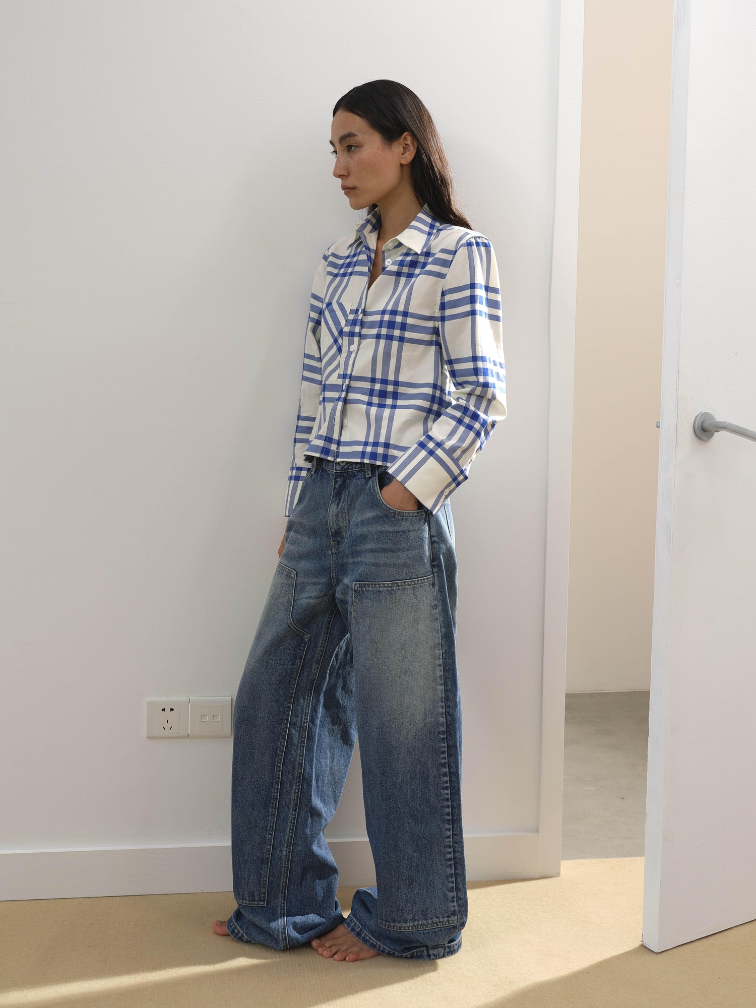 AFTADAWN Classic Blue And White Check Oversized Long Sleeve Shirt