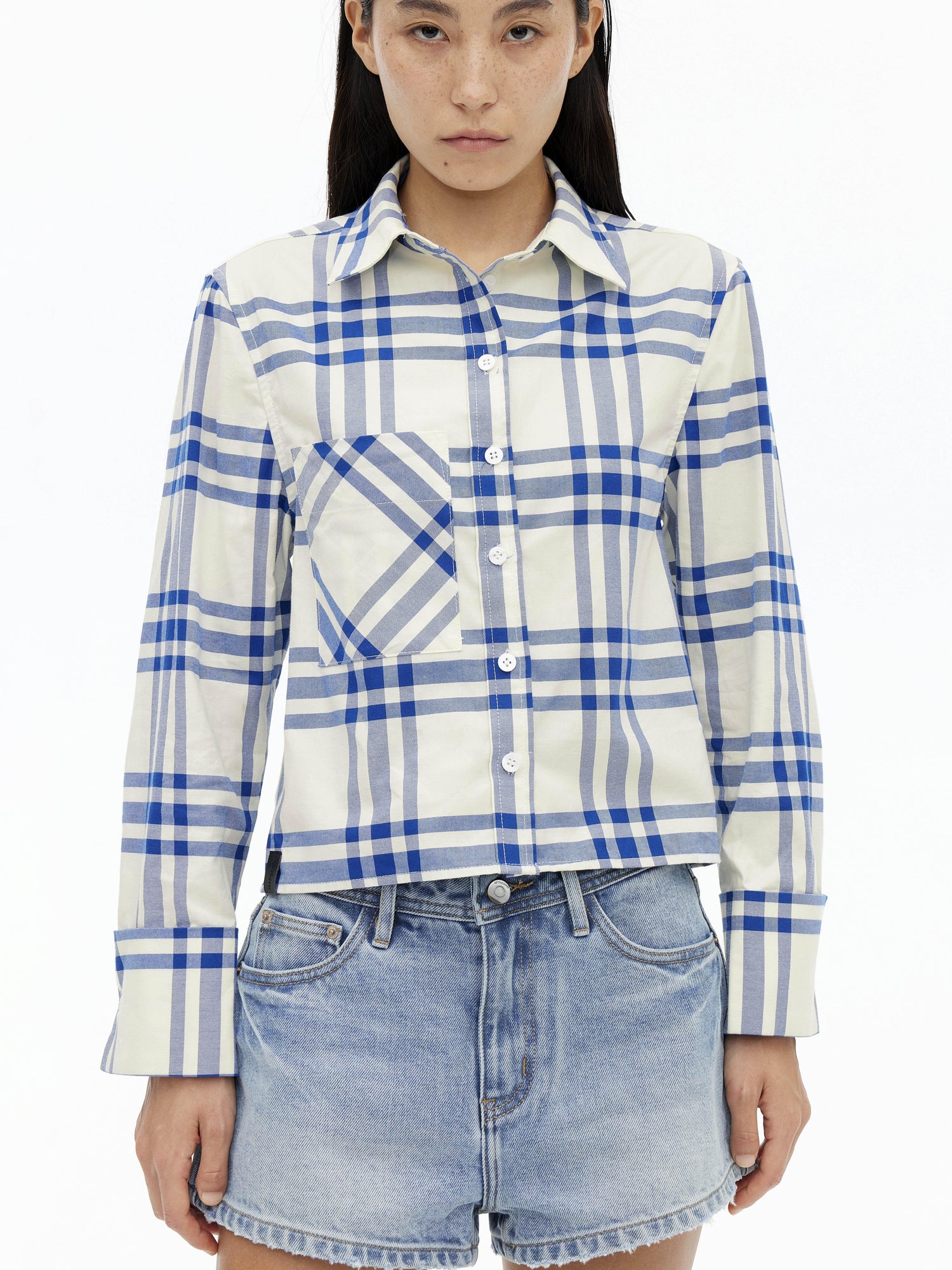 AFTADAWN Classic Blue And White Check Oversized Long Sleeve Shirt