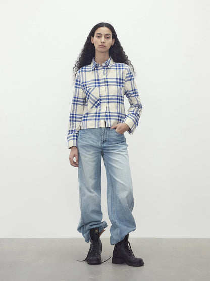 Classic Blue And White Check Oversized Long Sleeve Shirt