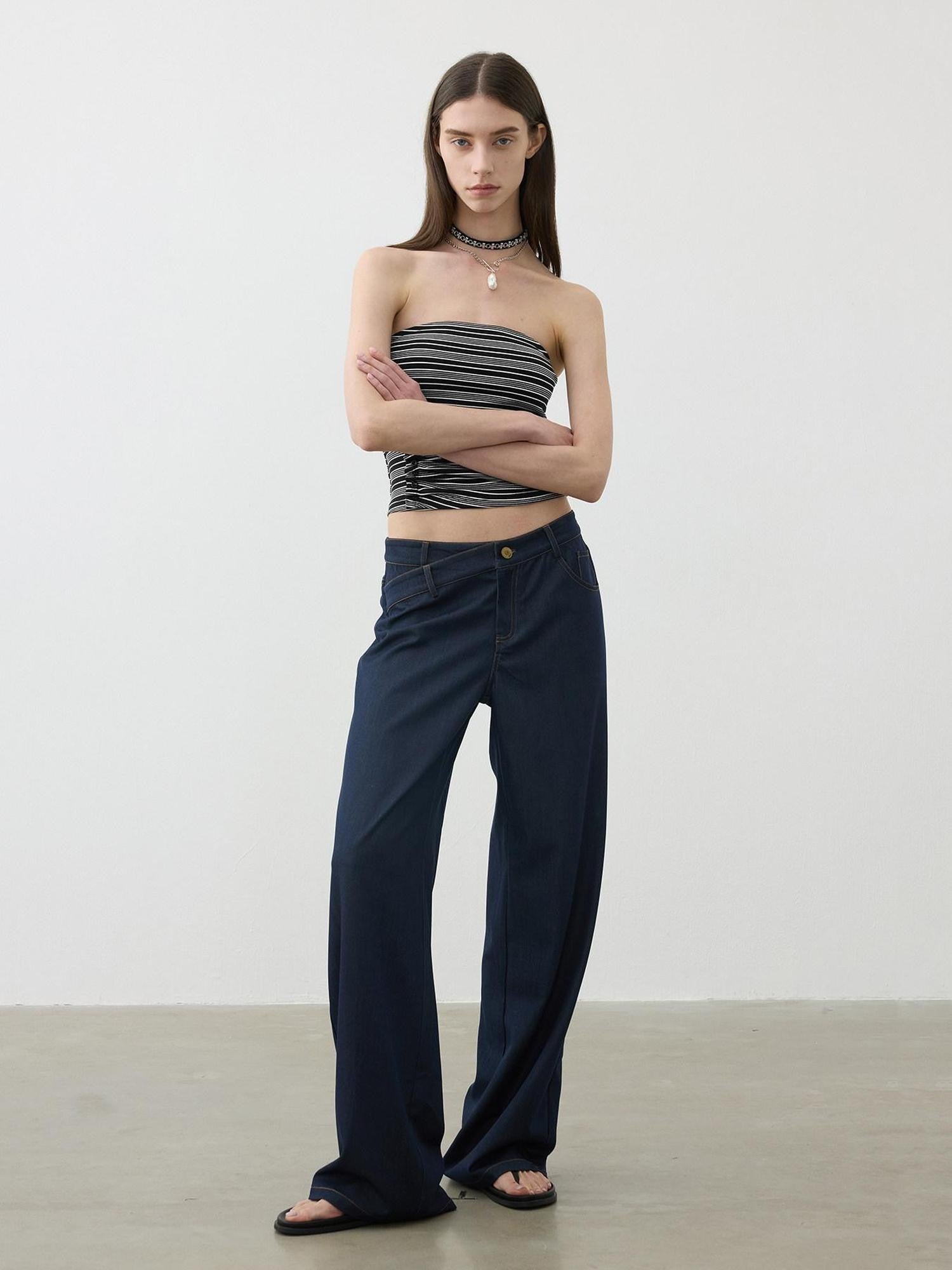 AFTADAWN Classic Blue Embroidered Low Waist Draped Women&