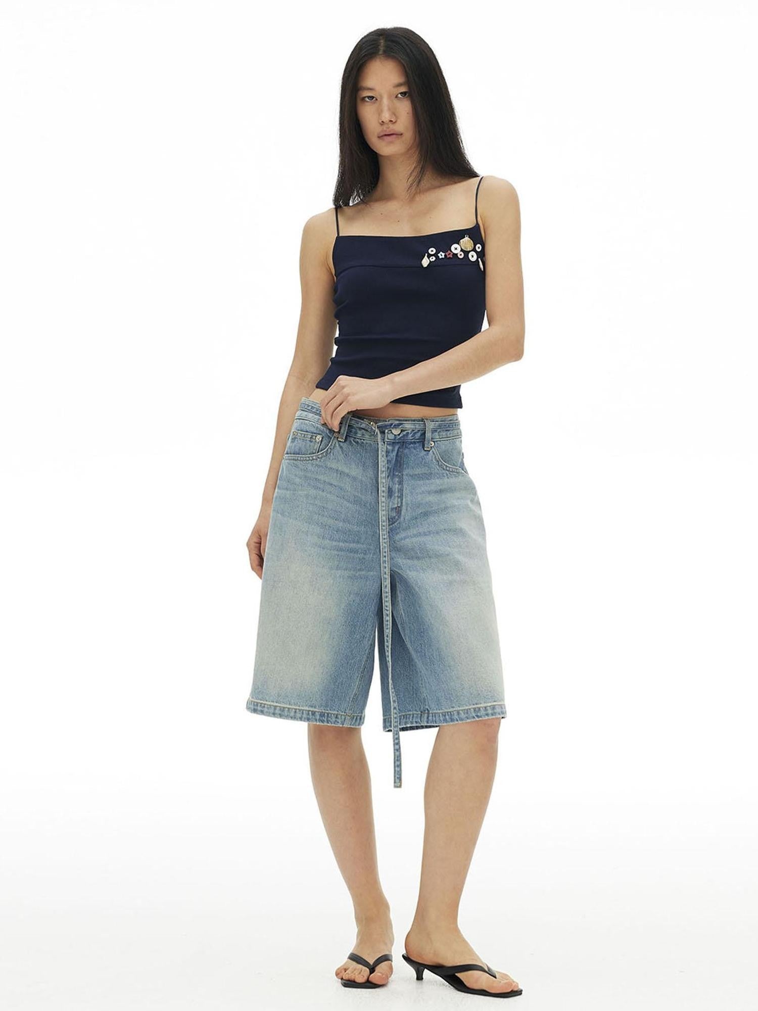 AFTADAWN Classic Washed Wide Leg Mid Rise Women&
