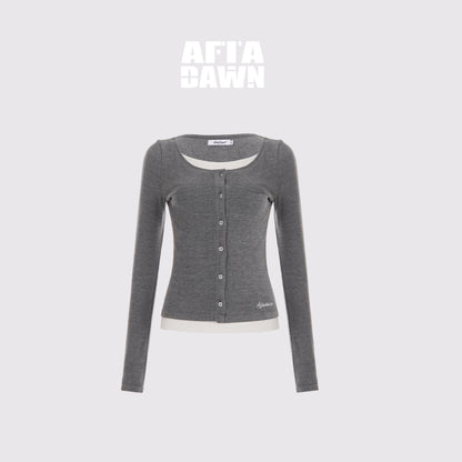 AFTADAWN_Color_Block_Faux_Layered_Button_Slim_Fit_Cotton_Wool_Women&