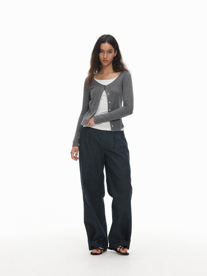 AFTADAWN Color Block Faux Layered Button Slim Fit Cotton Wool Women&
