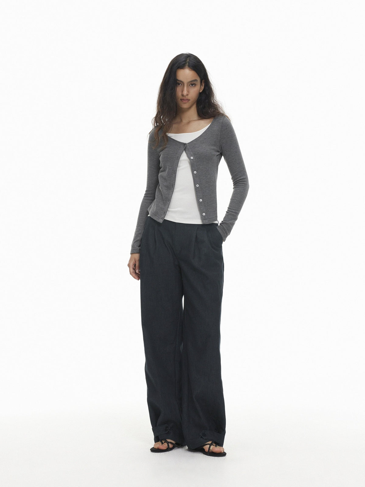 AFTADAWN Color Block Faux Layered Button Slim Fit Cotton Wool Women&
