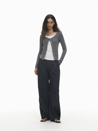 AFTADAWN Color Block Faux Layered Button Slim Fit Cotton Wool Women&