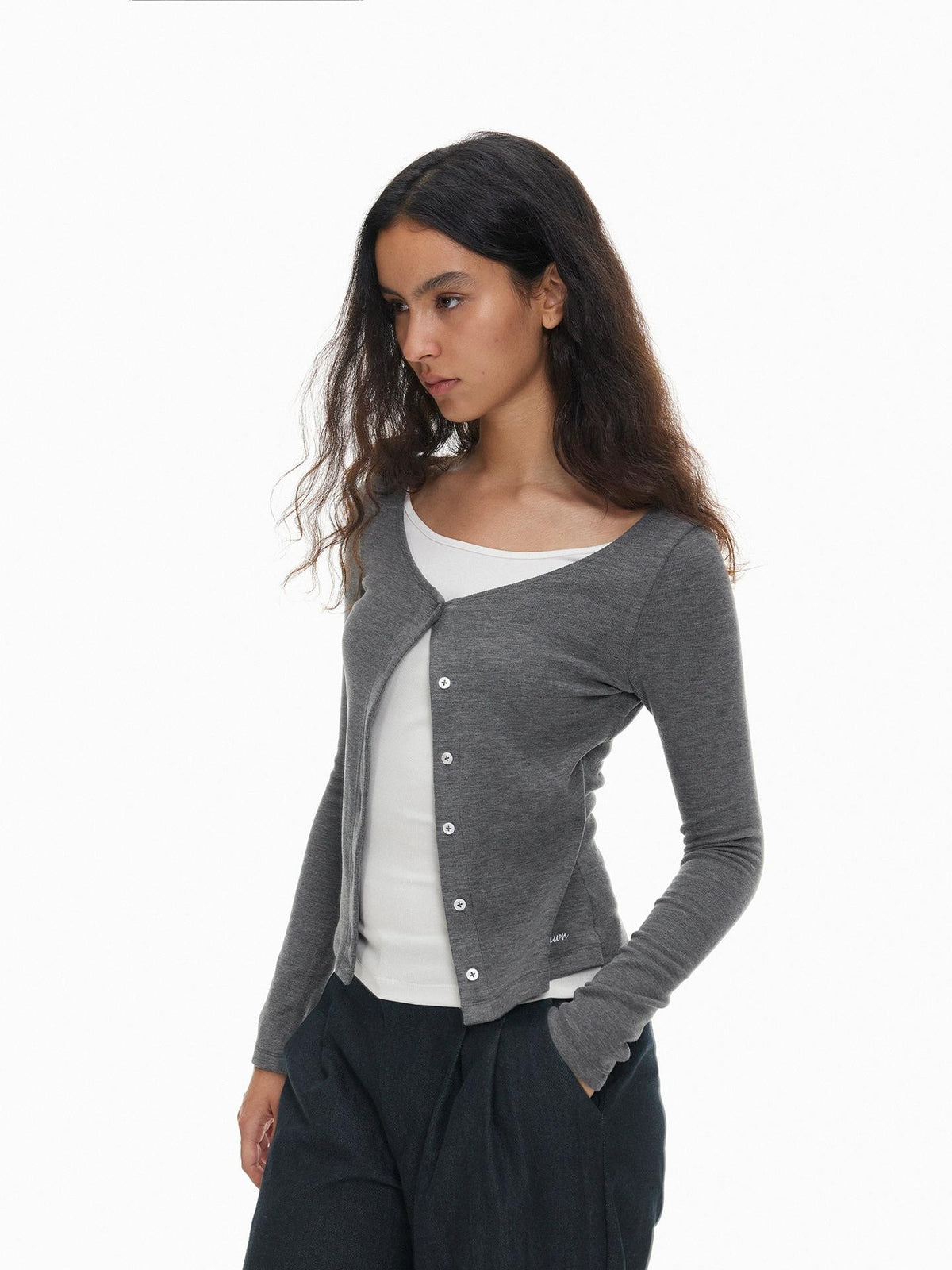 AFTADAWN Color Block Faux Layered Button Slim Fit Cotton Wool Women&