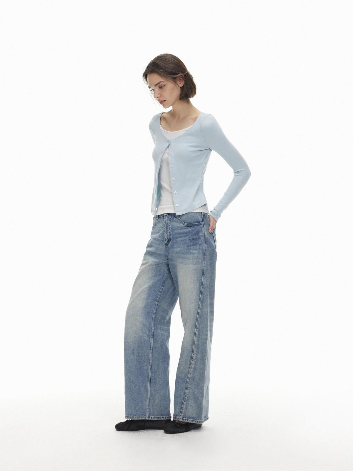 AFTADAWN Color Block Faux Layered Button Slim Fit Cotton Wool Women&