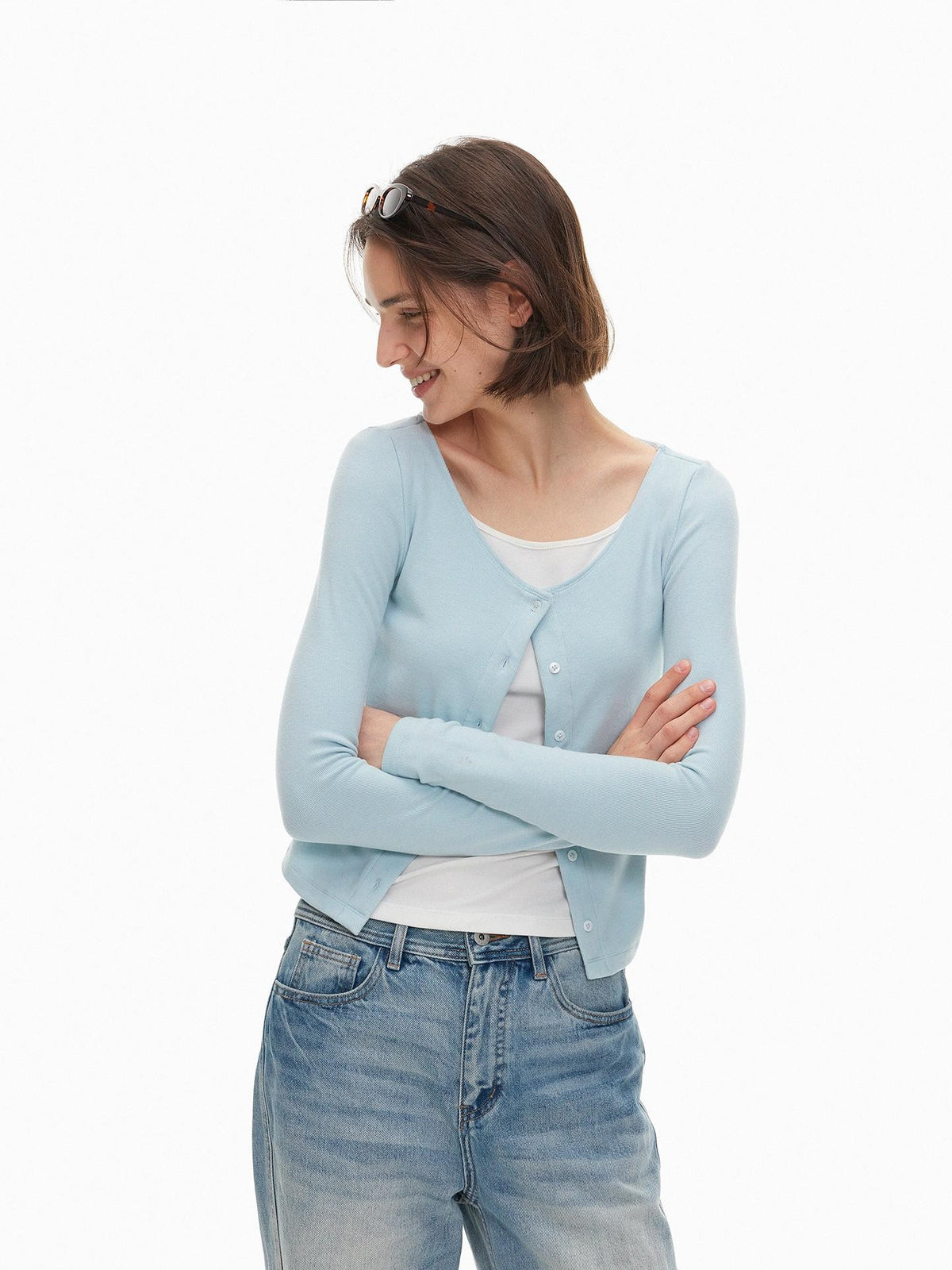 AFTADAWN Color Block Faux Layered Button Slim Fit Cotton Wool Women&