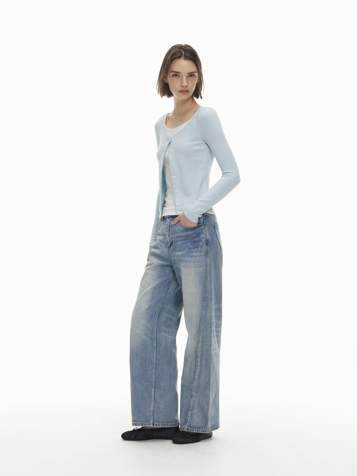 AFTADAWN Color Block Faux Layered Button Slim Fit Cotton Wool Women&