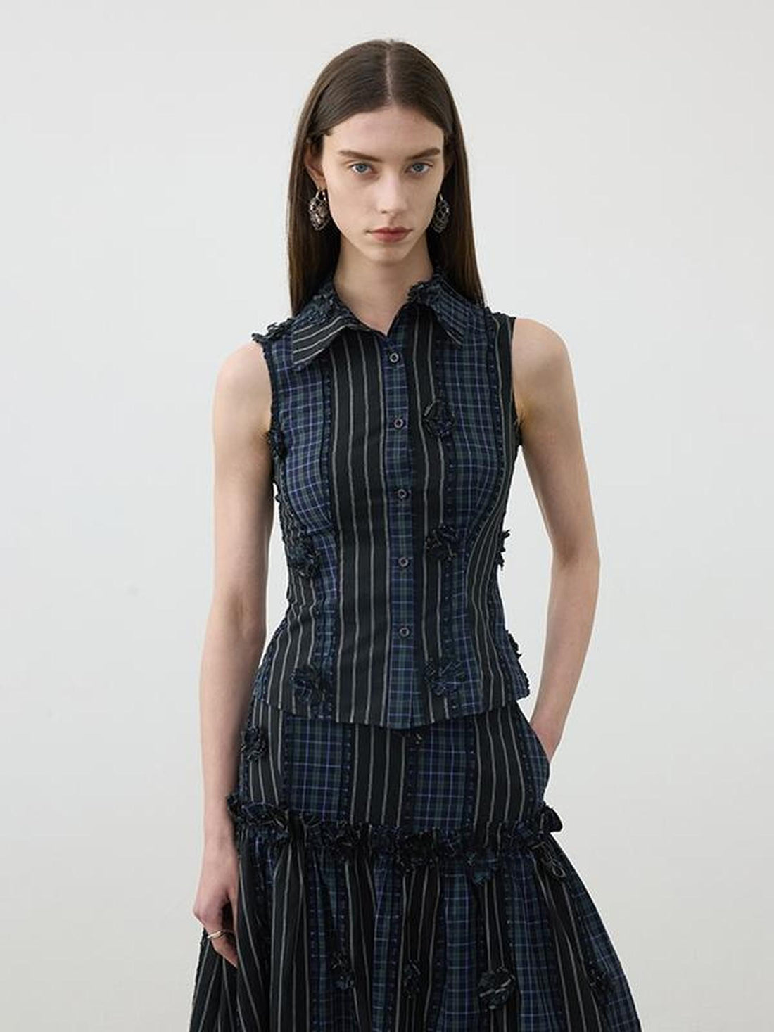 AFTADAWN Color Block Gingham Floral Applique Polo Shirt