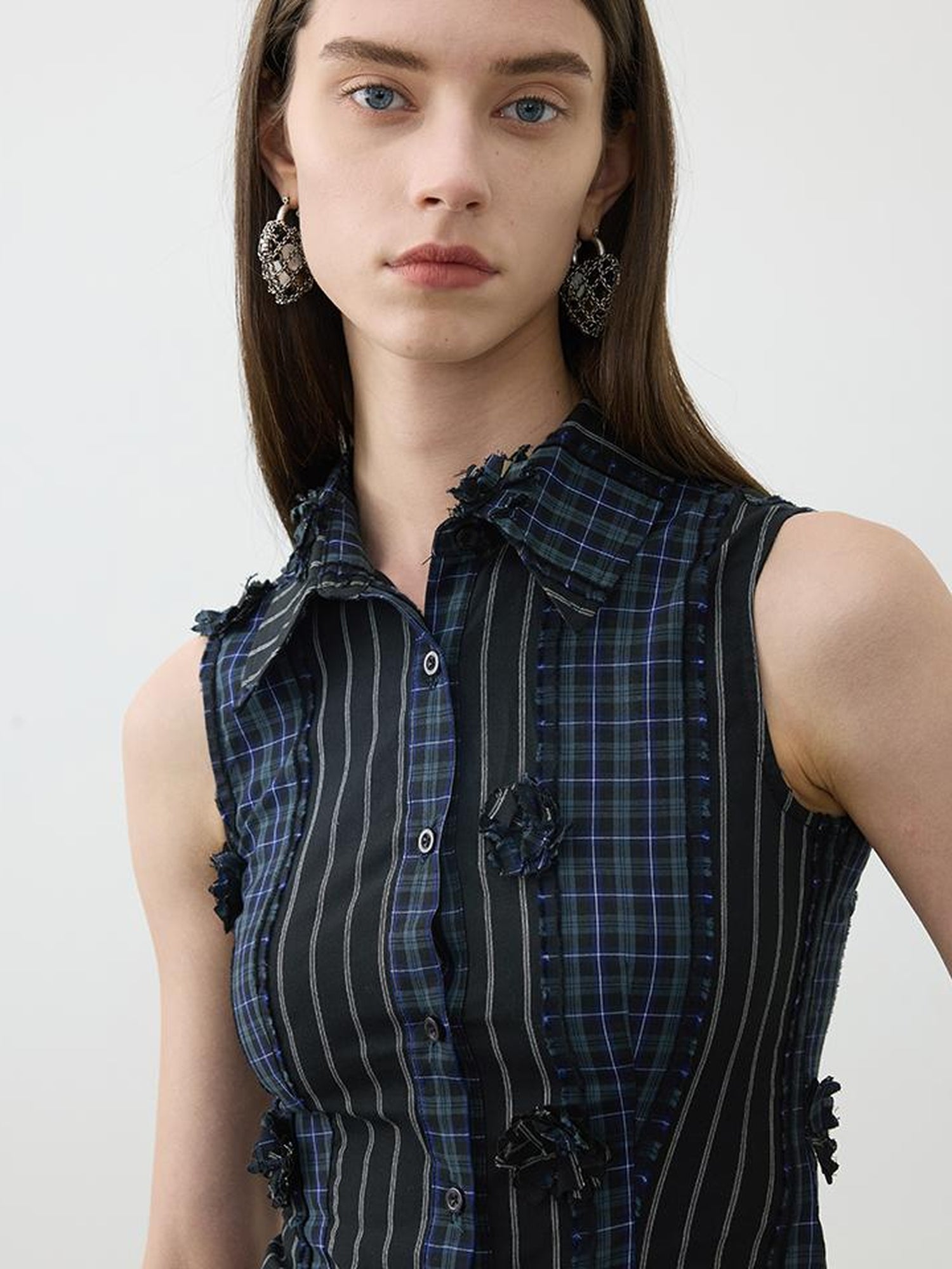 AFTADAWN Color Block Gingham Floral Applique Polo Shirt