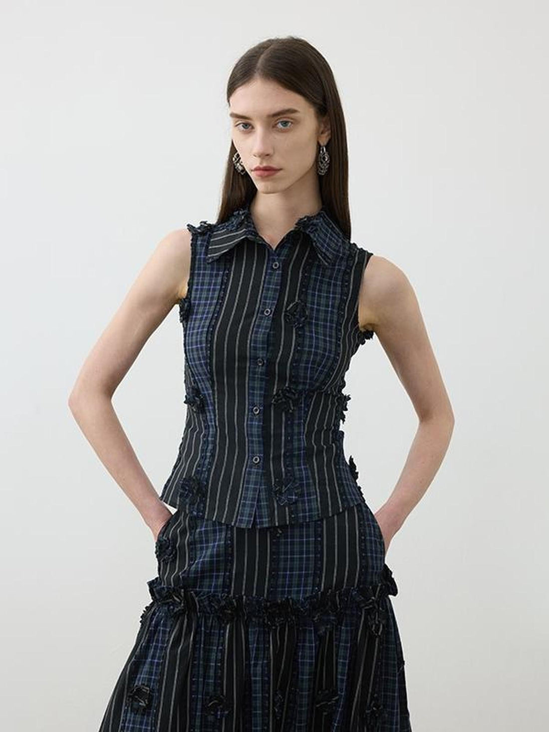 AFTADAWN Color Block Gingham Floral Applique Polo Shirt