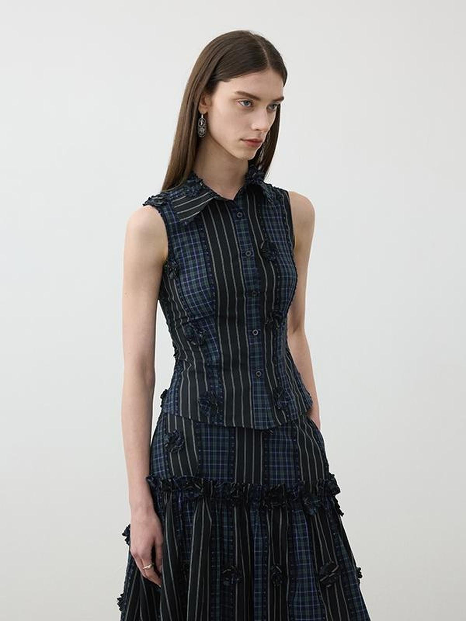 AFTADAWN Color Block Gingham Floral Applique Polo Shirt