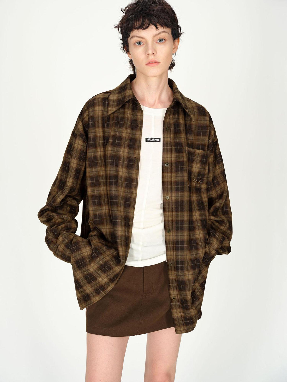 AFTADAWN Color Block Plaid Lapel Shirt