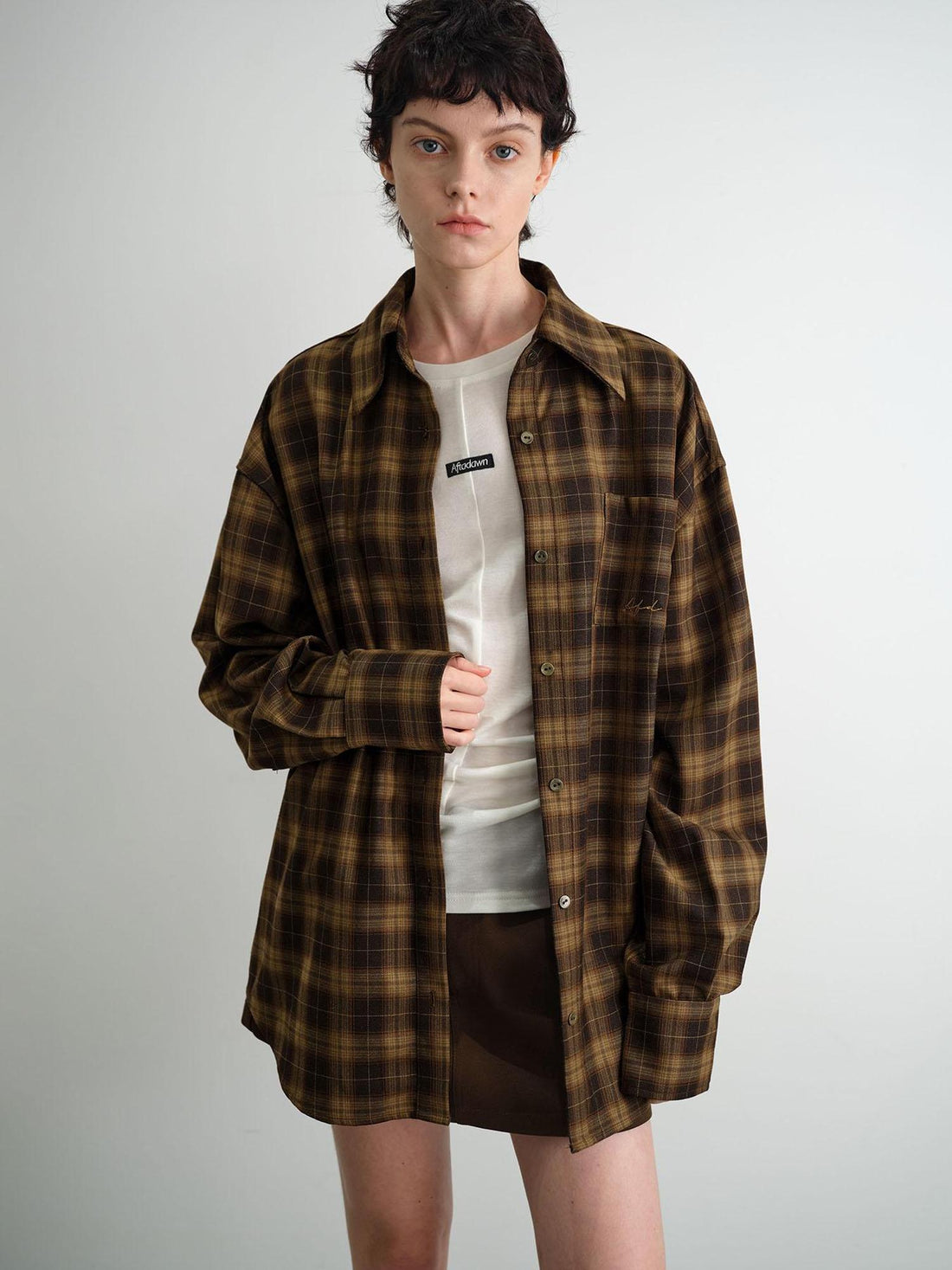 AFTADAWN Color Block Plaid Lapel Shirt