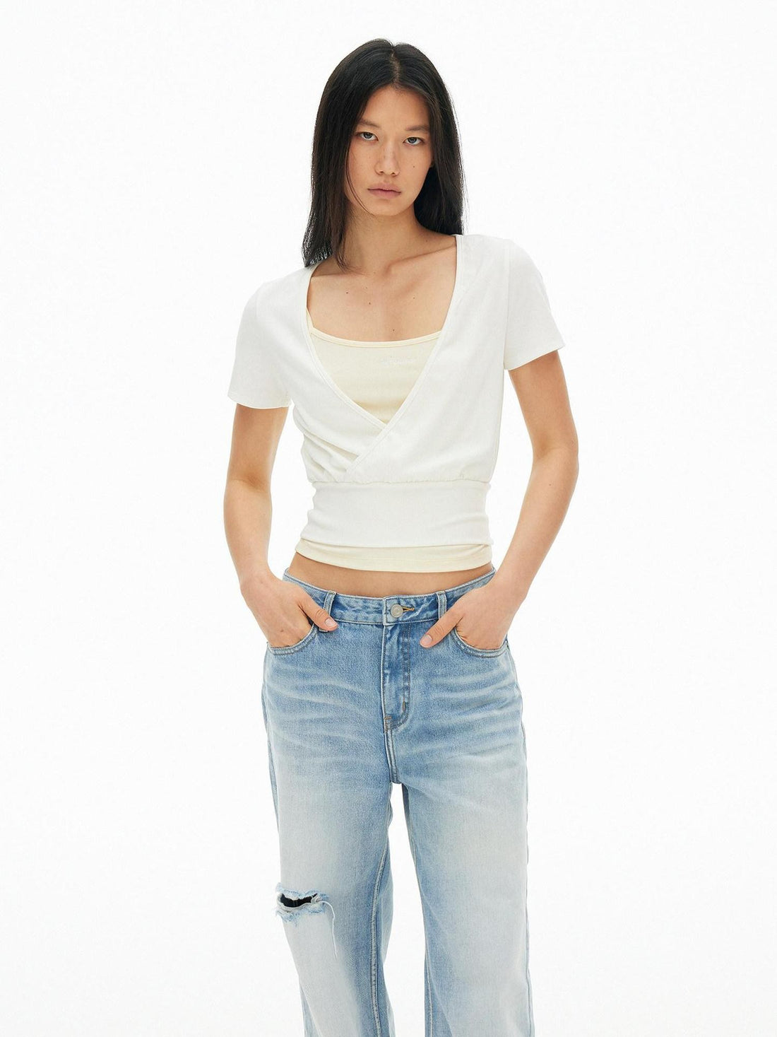 AFTADAWN Colorblock Crossover Deep V Embroidered Women&