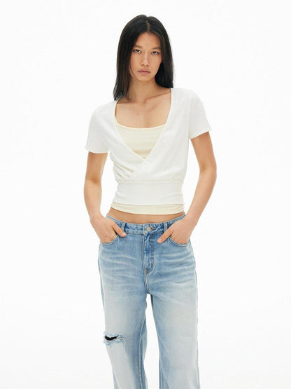 AFTADAWN Colorblock Crossover Deep V Embroidered Women&