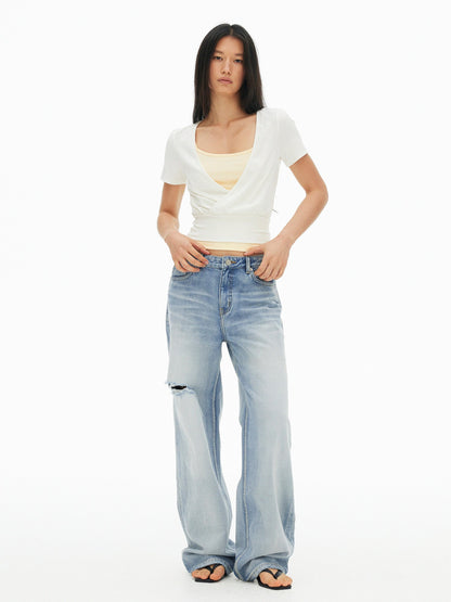 AFTADAWN Colorblock Crossover Deep V Embroidered Women&