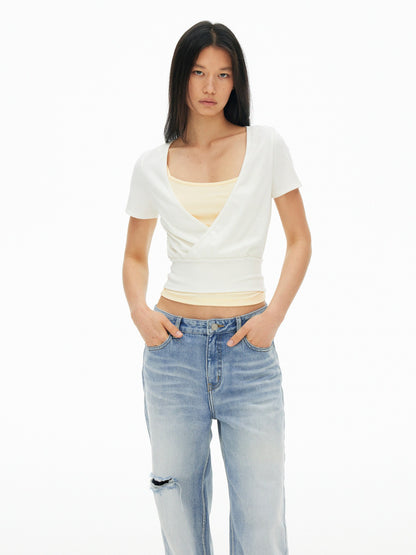 AFTADAWN Colorblock Crossover Deep V Embroidered Women&