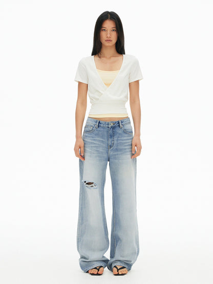 AFTADAWN Colorblock Crossover Deep V Embroidered Women&