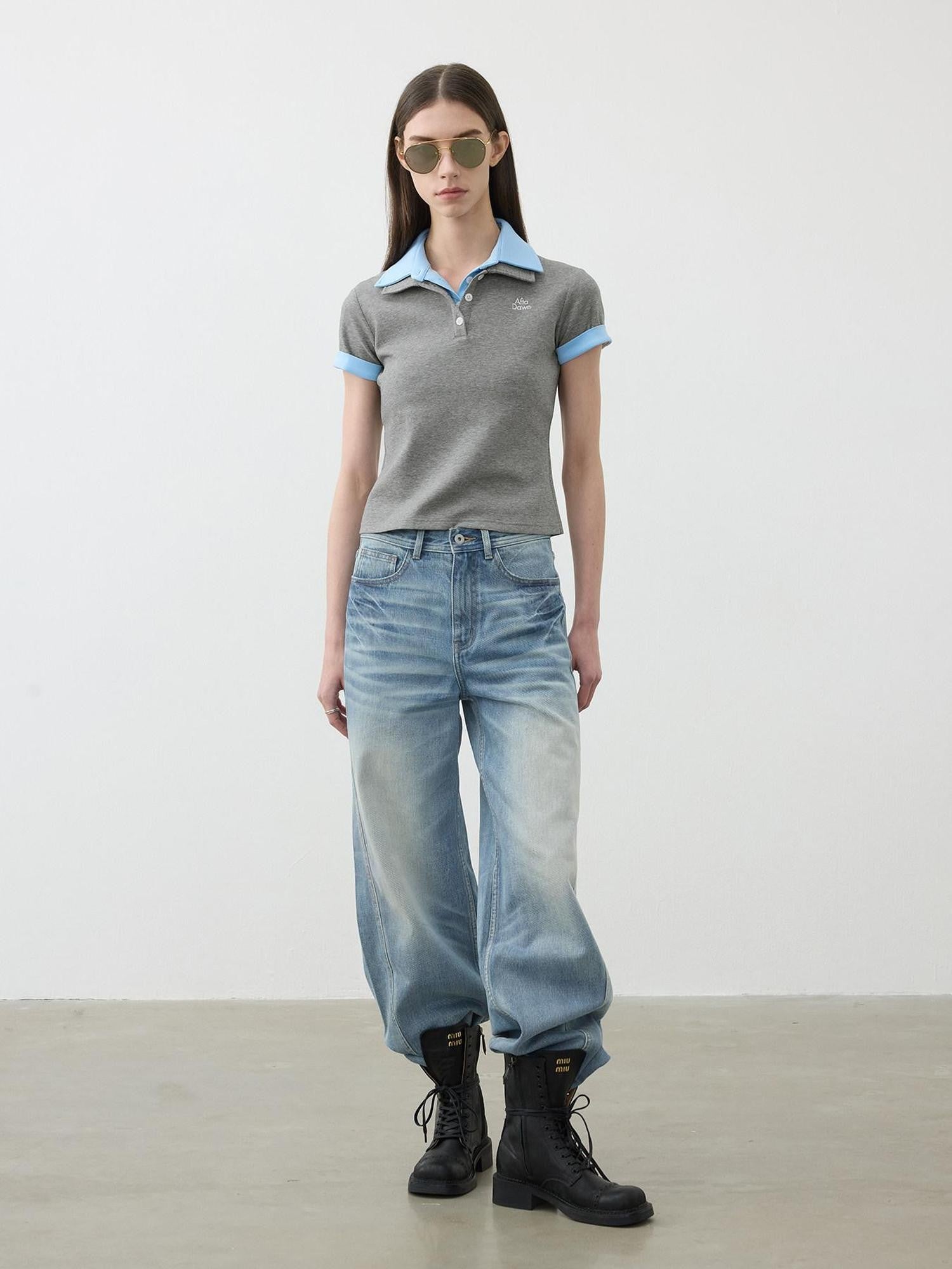 AFTADAWN Colorblock Double Collar Polo Henley Button Women&