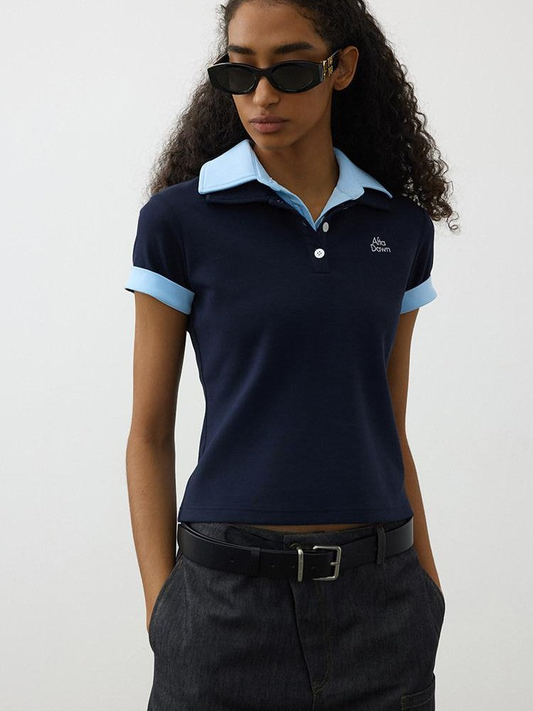 AFTADAWN Colorblock Double Collar Polo Henley Button Women&