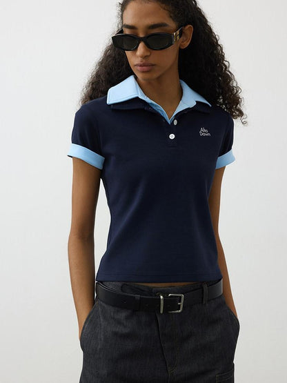 AFTADAWN Colorblock Double Collar Polo Henley Button Women&