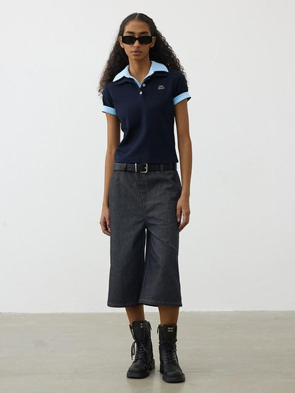 AFTADAWN Colorblock Double Collar Polo Henley Button Women&