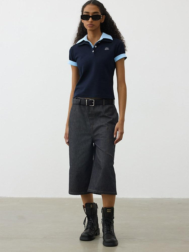 AFTADAWN Colorblock Double Collar Polo Henley Button Women&