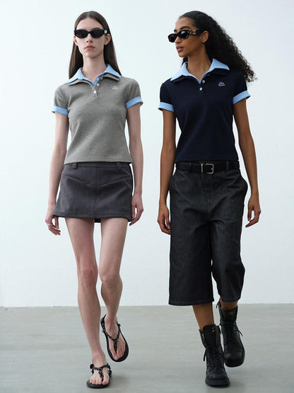 AFTADAWN Colorblock Double Collar Polo Henley Button Women&
