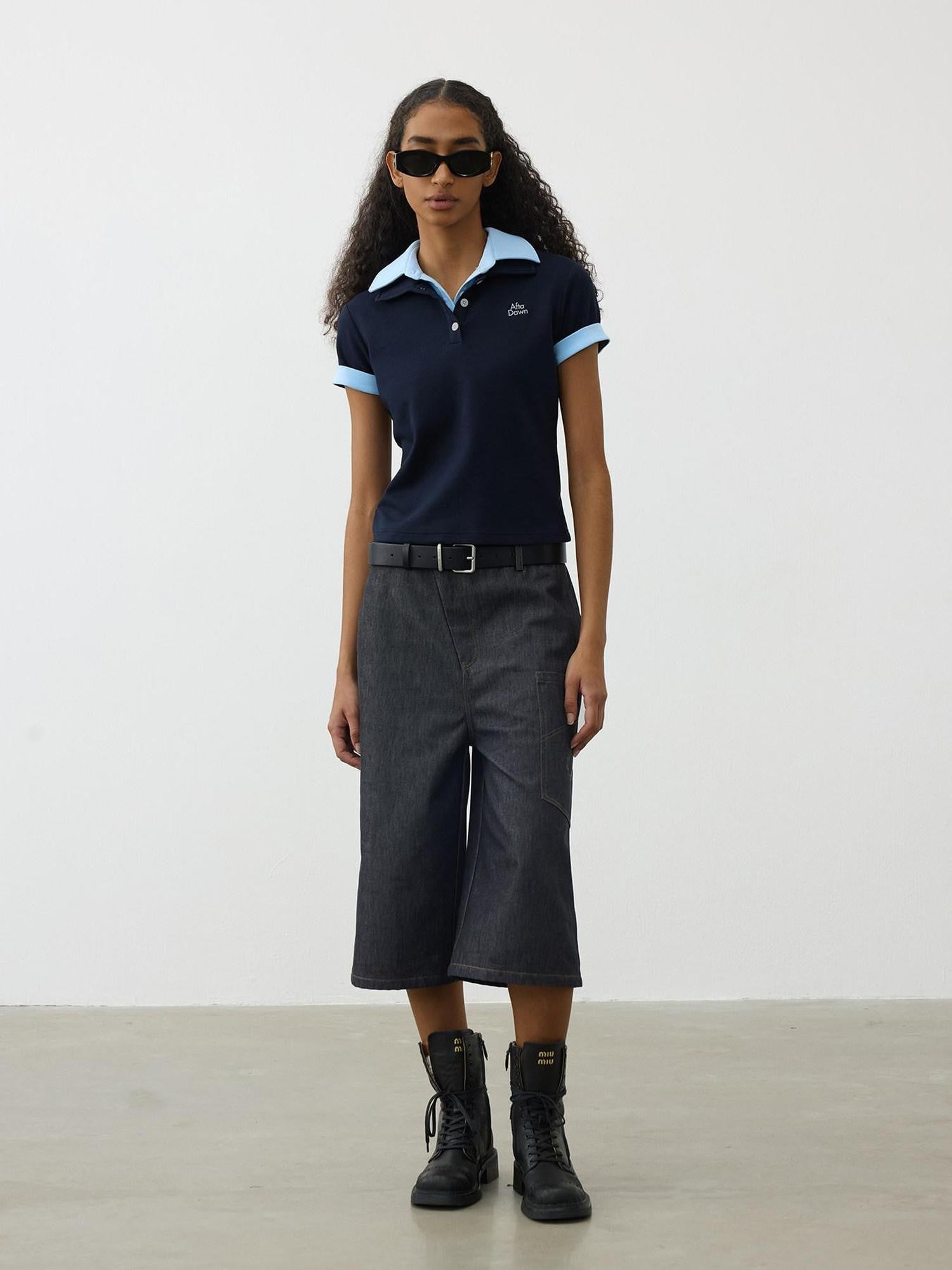 AFTADAWN Colorblock Double Collar Polo Henley Button Women&