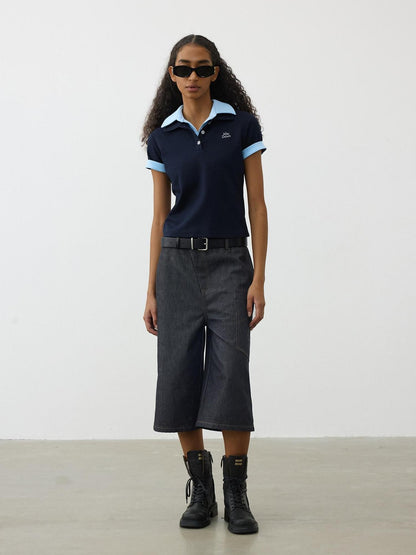 AFTADAWN Colorblock Double Collar Polo Henley Button Women&