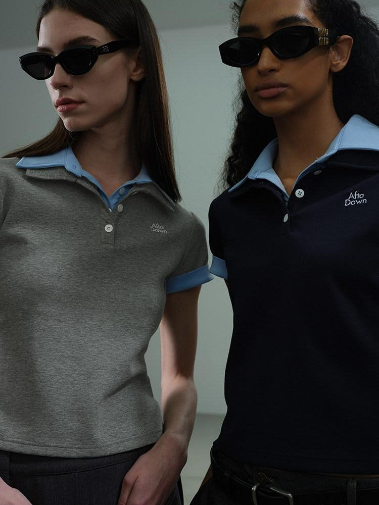 AFTADAWN Colorblock Double Collar Polo Henley Button Women&