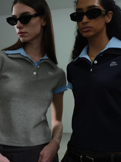 AFTADAWN Colorblock Double Collar Polo Henley Button Women&
