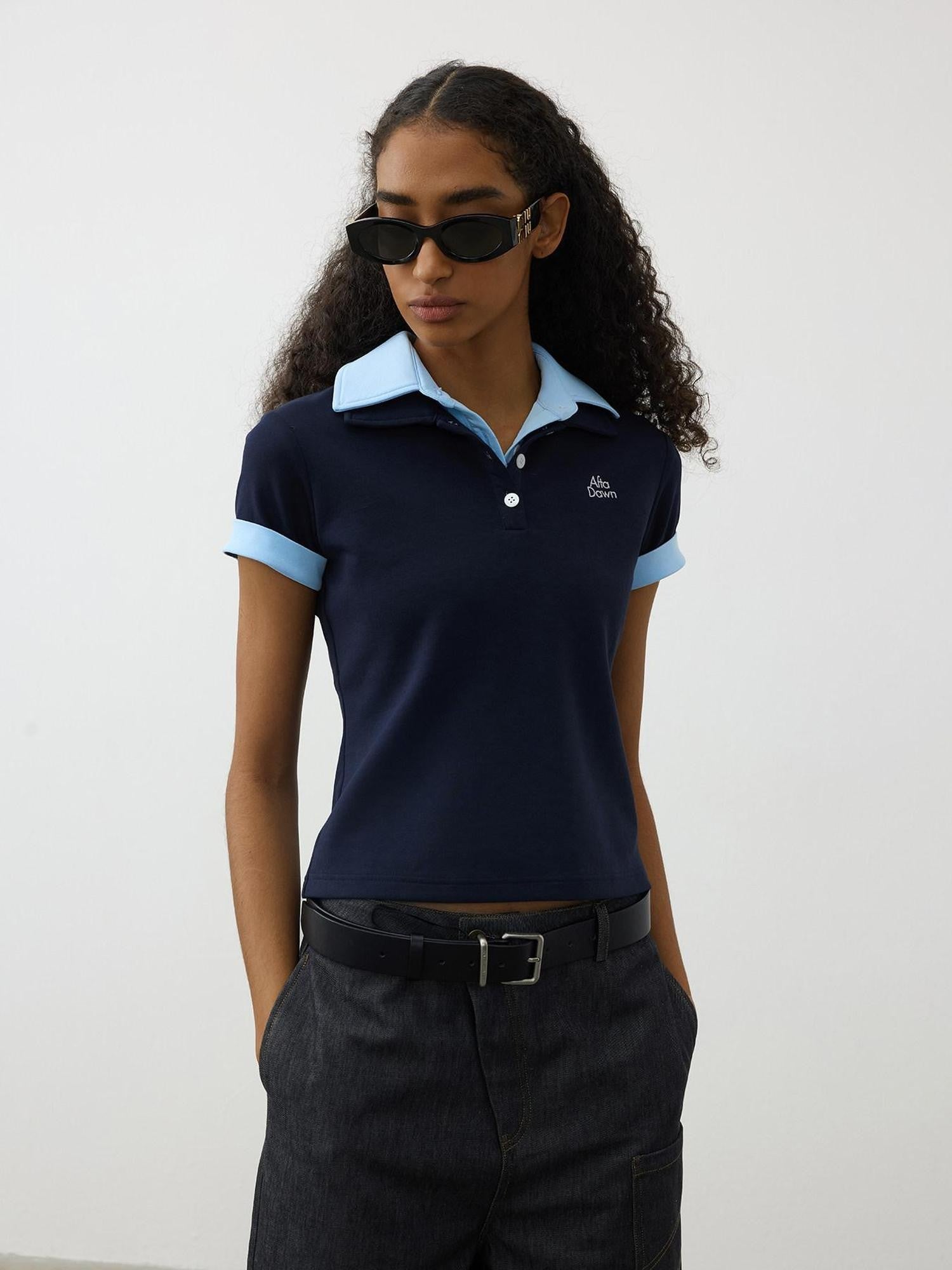 AFTADAWN Colorblock Double Collar Polo Henley Button Women&