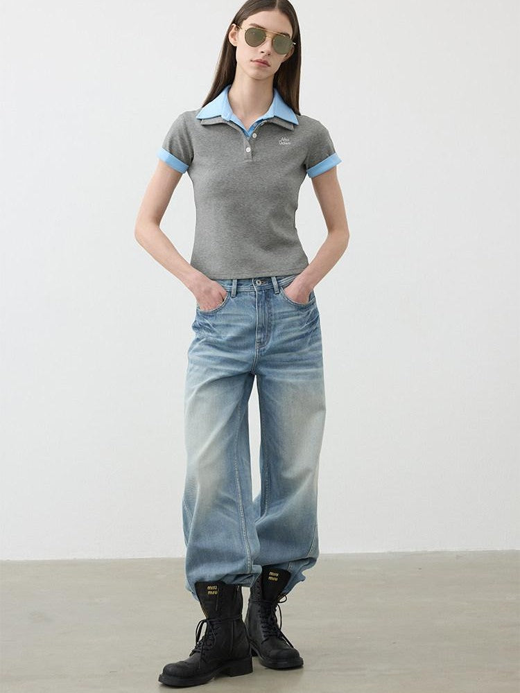 AFTADAWN Colorblock Double Collar Polo Henley Button Women&