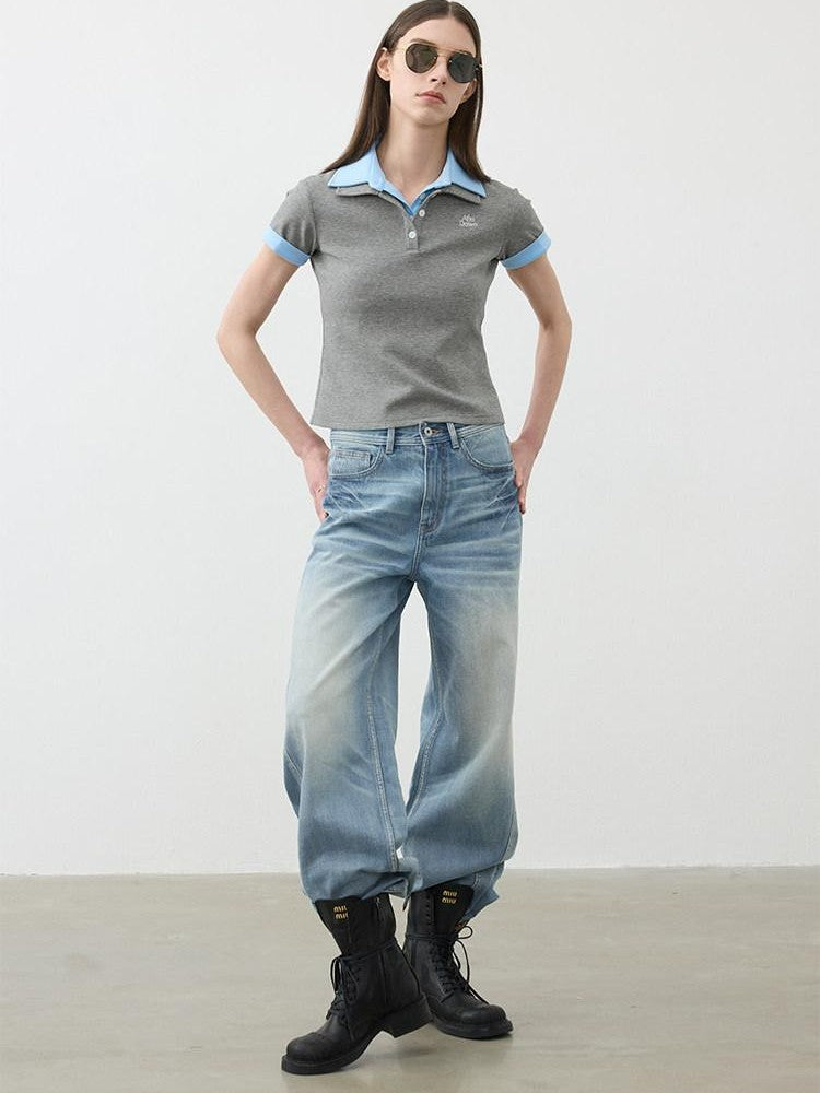 AFTADAWN Colorblock Double Collar Polo Henley Button Women&