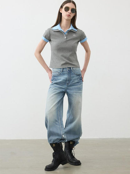 AFTADAWN Colorblock Double Collar Polo Henley Button Women&