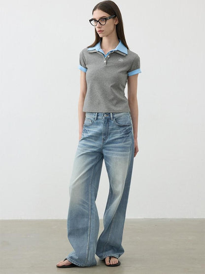 AFTADAWN Colorblock Double Collar Polo Henley Button Women&