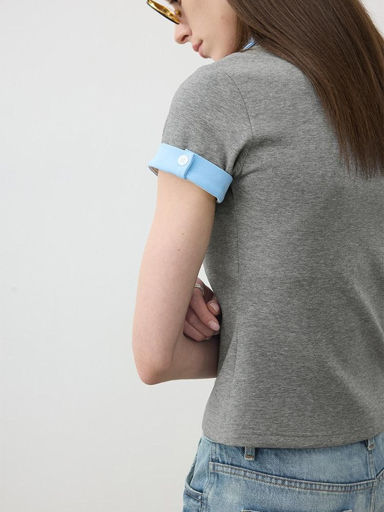 AFTADAWN Colorblock Double Collar Polo Henley Button Women&