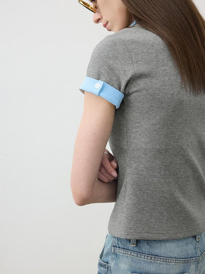 AFTADAWN Colorblock Double Collar Polo Henley Button Women&